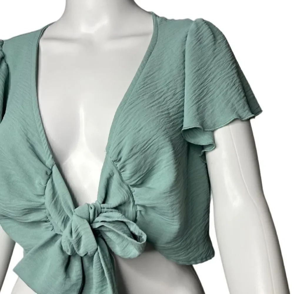 Altar'd State Flutter Sleeve Front Tie Top Green Size Small